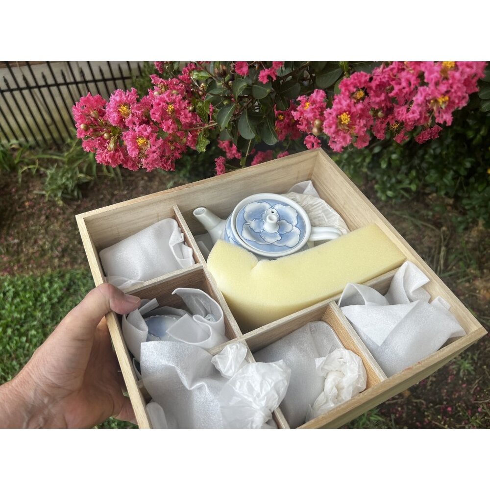 Japanese Kyusu Teapot & 5 Cups Set w/ Box – Hand-Painted Porcelain Floral – MINT
